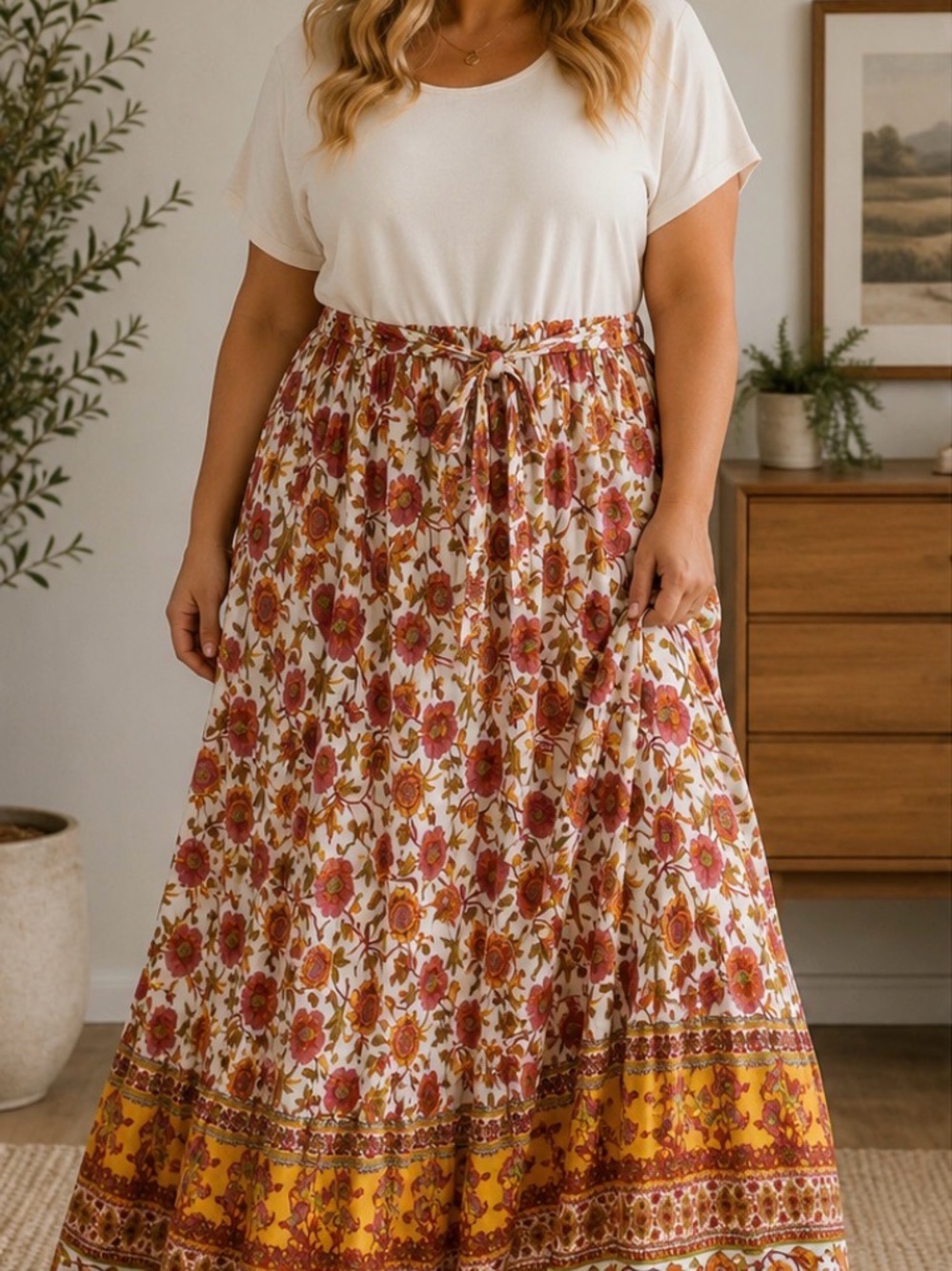 Boho Floral Maxi Skirt in Cream, Rust & Mustard